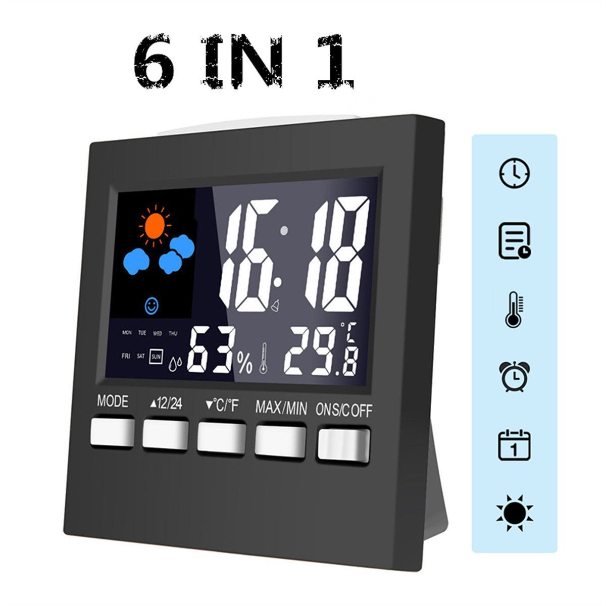 6 in 1 Funk-Wetterstation mit Thermometer, Hygrometer und Wecker @Amazon
