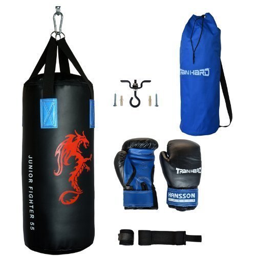 Kinder Jugend Boxing Boxen Set Boxset "Junior Fighter 55" aus Boxsack gefüllt Kunstleder, Boxhandschuhe, Boxbandagen, Deckenhalterung und Tragtasche