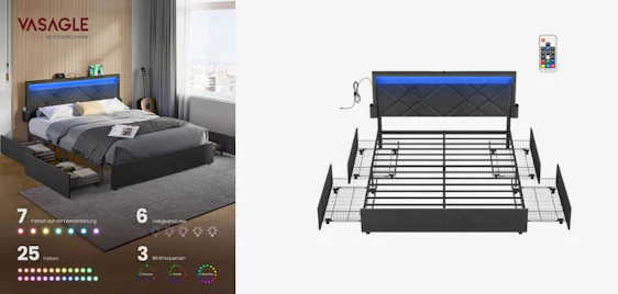 Vasagle Doppelbettgestell 160 x 200 cm für 145€ - mit LED und 4 Schubladen und Ladestation