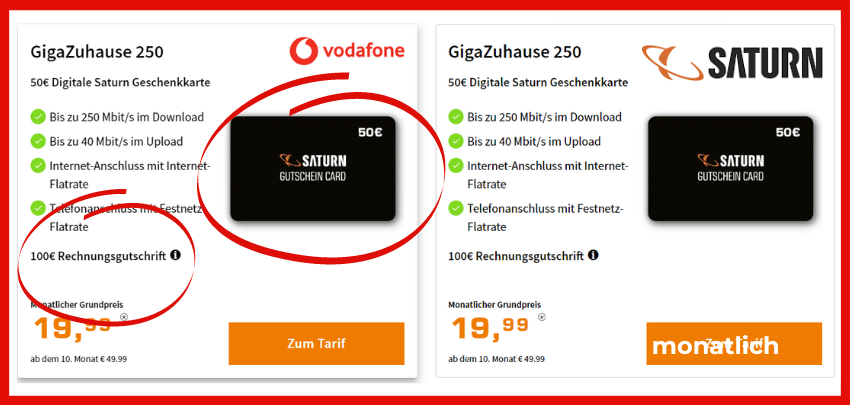 250€ Geschenkcoupon zum Vodafone DSL Tarif - exklusiv bei Saturn, für 250, 500 &amp; 1000 DSL-Anschlüsse