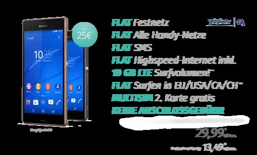 Sony Xperia Z3 nur 25,20€ // o2 on Business XL 10 GB LTE Flatrate Vertrag nur 13,49 €