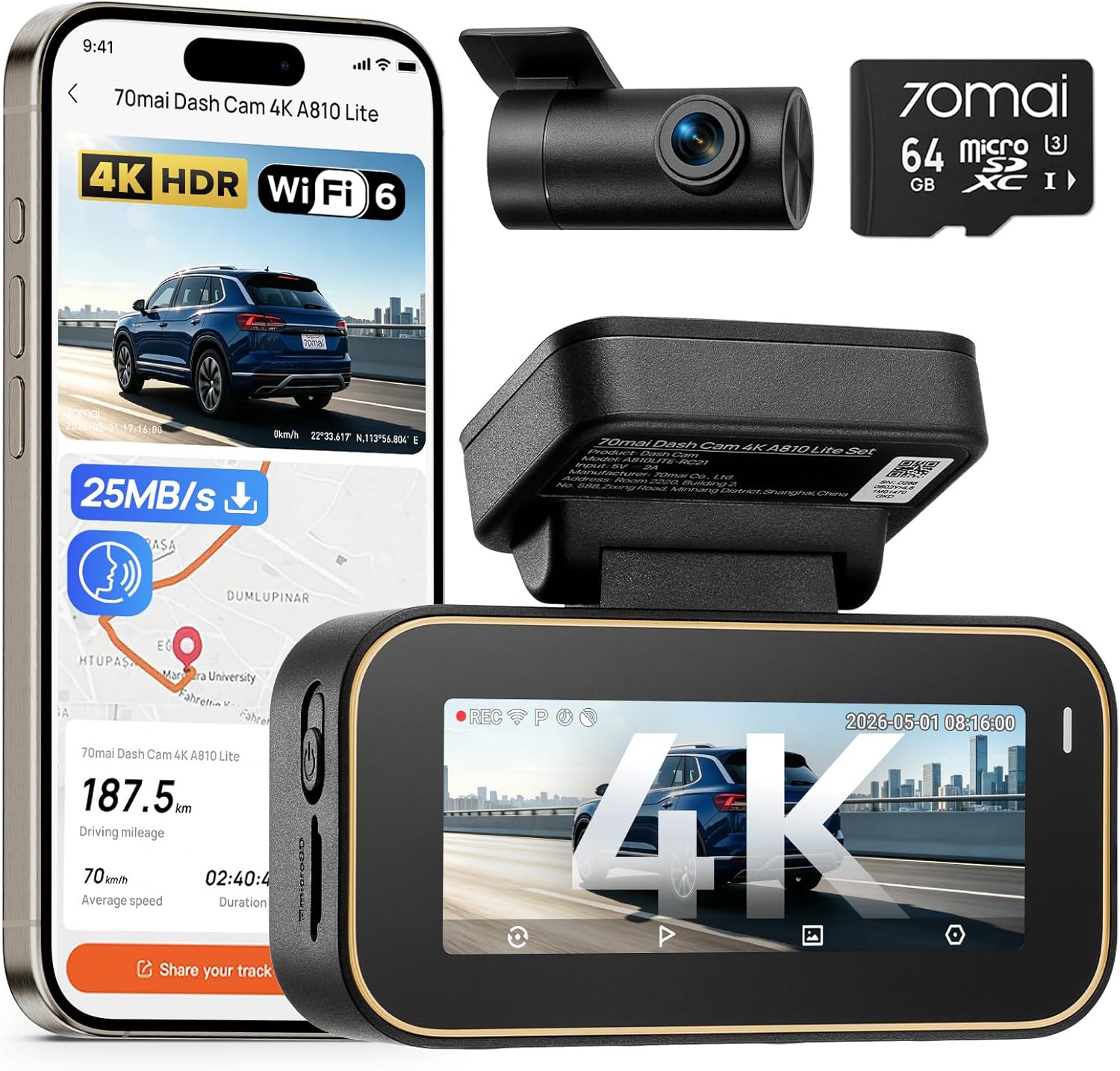  70mai A810 Lite Dashcam Auto 4K, Dashcam Auto Vorne Hinten Wi-Fi 6 25MB/s 