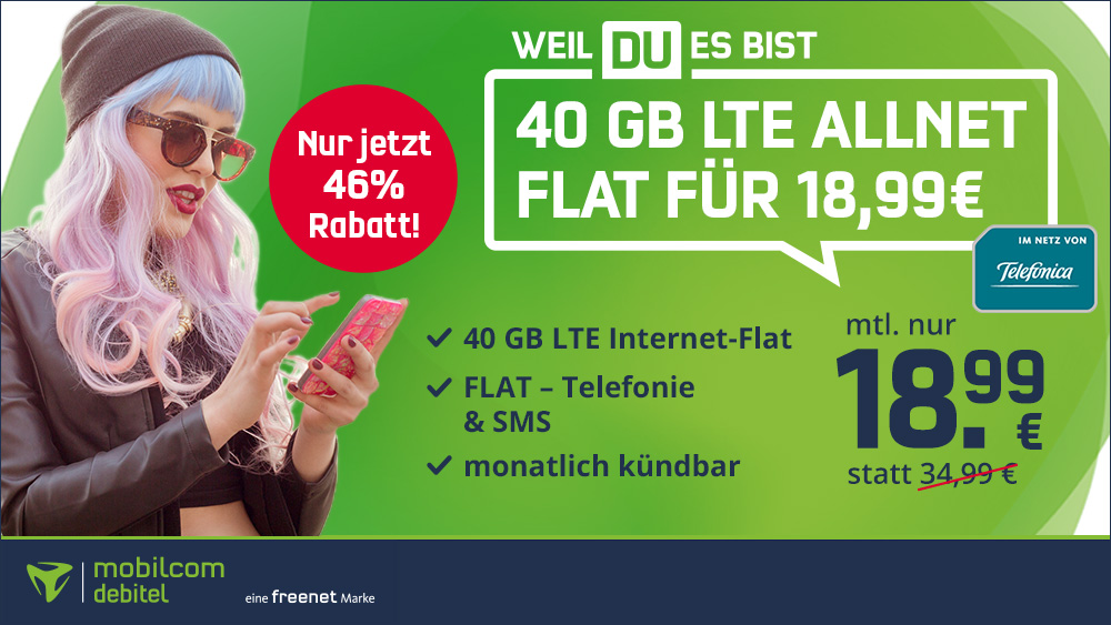 Letzte Chance! Mobilcom-debitel Telefónica 40GB LTE für 19€/Monat 🤩 – monatliche kündbare Allnet- &amp; SMS-Flat, EU-Roaming