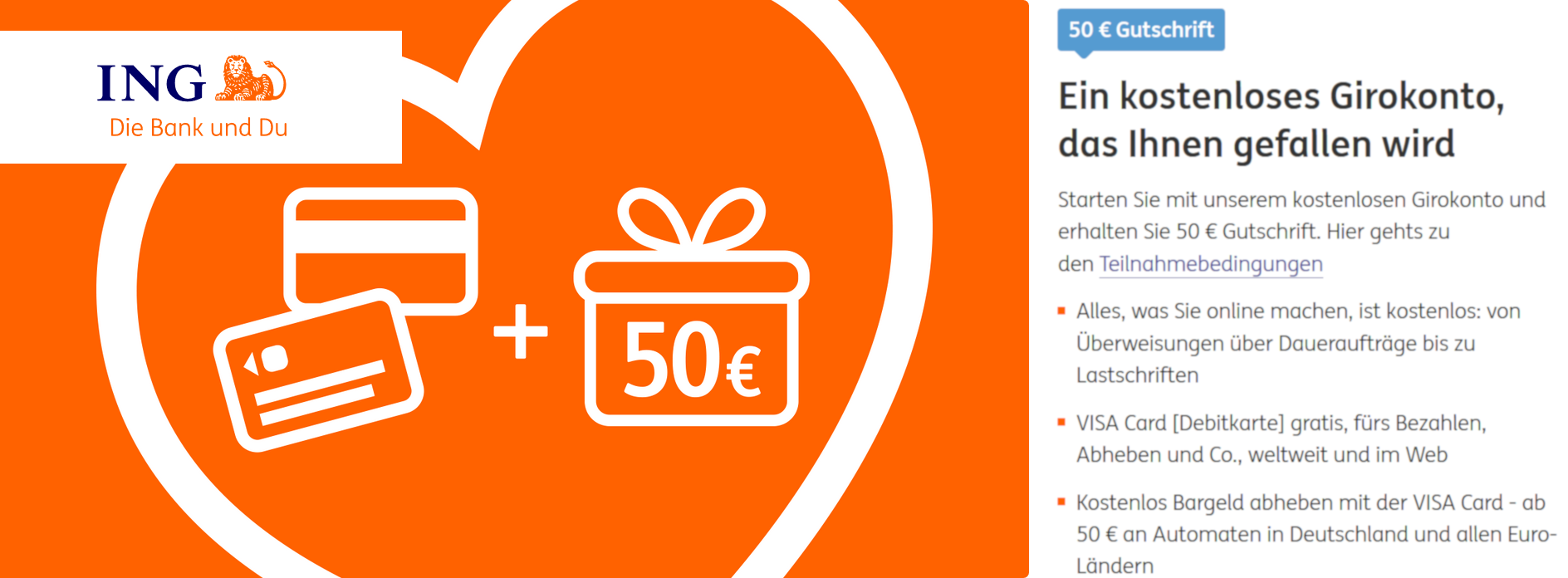 *Vorbei*ING: Kostenloses Girokonto mit 50€ Startguthaben » inkl. kostenloser Visa-Kreditkarte 💸
