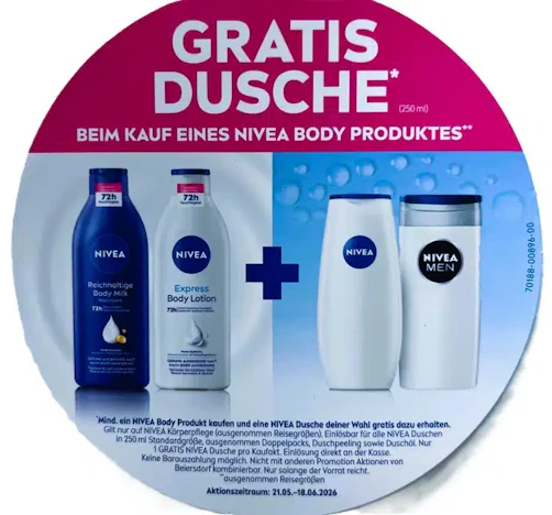 Vorankündigung dm: Erhalte beim Kauf eines Nivea Body Produktes eine Nivea Dusche geschenkt