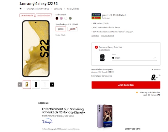 Top! Samsung Galaxy S22 + Galaxy Buds Live im Vodafone green LTE für 29€/Monat - 15GB LTE, Allnet- & SMS-Flat + 50€ Wechselbonus & 12 Monate Disney+
