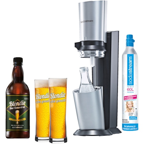 SodaStream Crystal mit Blondie Bier-Set für 89€ - mit 1 Glaskaraffen, 60L-CO2-Zylinder, Bier-Konzentrat und 2 Biergläsern