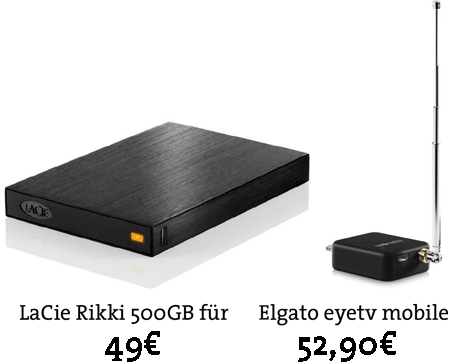 Cyberport-Jubiläum: Lacie Rikki 500GB Festplatte für 49€ und Elgato eyetv mobile für 53€