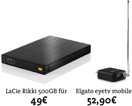Cyberport-Jubiläum: Lacie Rikki 500GB Festplatte für 49€ und Elgato eyetv mobile für 53€