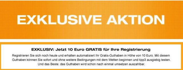 10€ Guthaben für Registrierung bei Tipp3 - nur für Neukunden und ohne Bedingungen