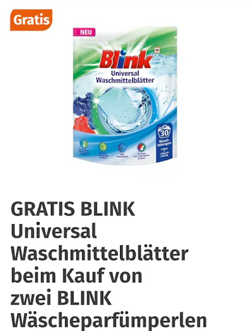 Müller APP: Gratis Blink Universal Waschmittelblätter beim Kauf von zwei Blink Wäscheparfümperlen