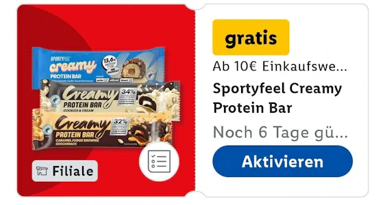 Gratis Sportyfeel Creamy Protein Bar (ab 10 Euro Einkaufswert) in der Lidl App! Evtl. personalisiert
