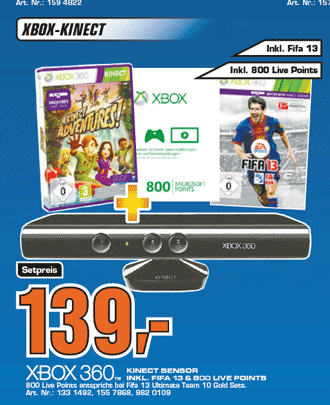 Xbox 360 Kinect + FIFA 13 + 800 Xbox Live Points für 139€ bei Saturn/Amazon *UPDATE1*