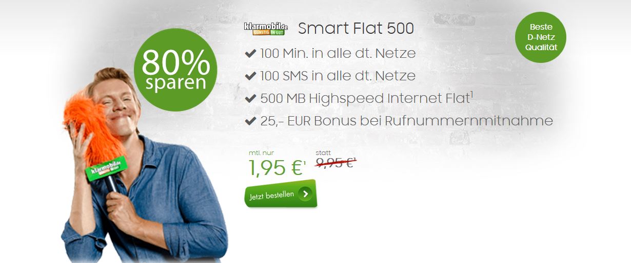 Klarmobil Vodafone Smart mit 500 MB, 100 Freiminuten und 100 SMS für 2,36€ monatlich
