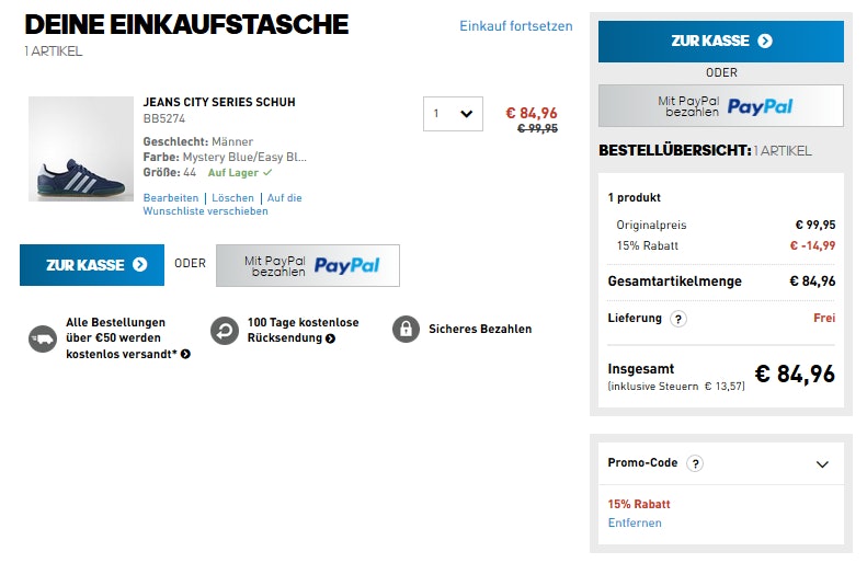 warenkorb adidas 15 prozent