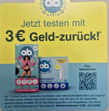 o.b.® Tampons: Geld-zurück-Aktion bis 3 € ab 15.09.2026