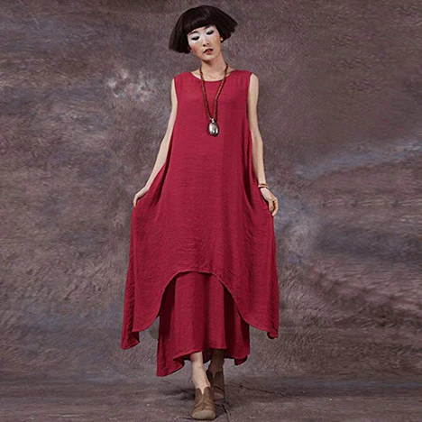 Lässige Retro Damen Lose Kleid Sleeveless O Ansatz Taschen