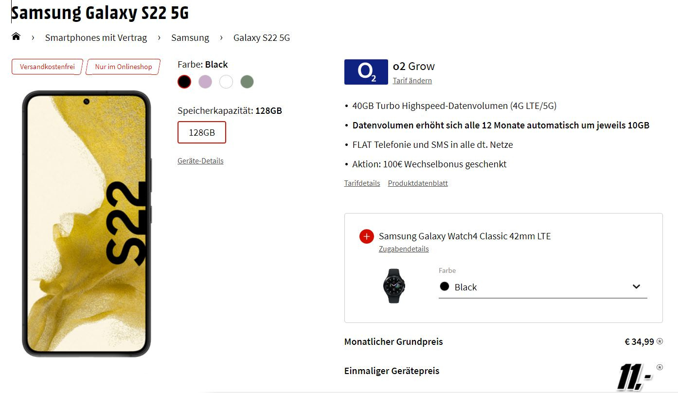 Samsung Galaxy S22 5G &amp; Galaxy Watch4 Classic im o2 Grow für 35€/Monat - 40GB LTE, Allnet- &amp; SMS-Flat 