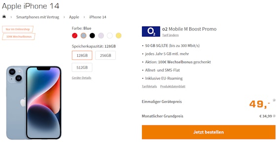 100€ Wechselbonus & Preis gesenkt! 🤑 iPhone 14 (128GB) für einmalig 49€ im 50 GB 5G/LTE o2-Tarif für 34,99€ mtl.