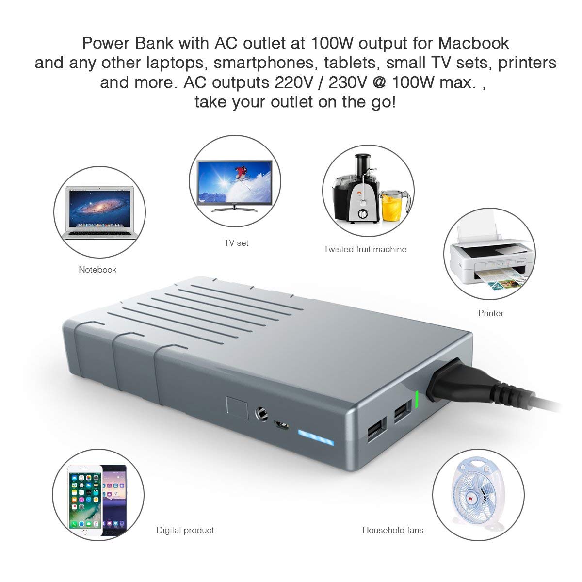 Powerbank 20000mAh 230V AC 100W Ausgang für MacBook Air,  Pro, Laptop, Notebook, Tablet