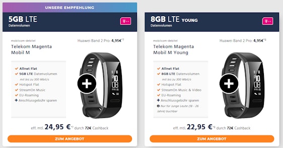 Huawei Band 2 Pro im mobilcom-debitel Telekom Magenta Mobil M (Young) ab 23€ / Monat - bis zu 8GB LTE, Allnet- und SMS-Flat, EU-Roaming