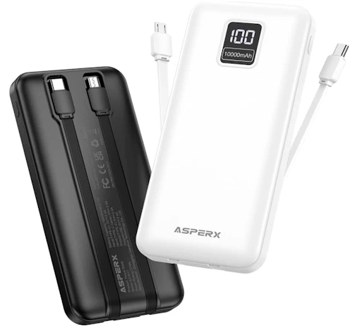 AsperX 2er Powerbank 10000mAh mit USB-C Kabel,4 Ausgängen Schnellladen,Power Bank Klein Aber Stark mit LED-Display,Akkupack Kompatibel mit iPhone Samsung
