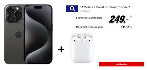 Apple iPhone 15 Pro + AirPods 2 für 249€ + o2 Allnet 140GB 5G für 49,99€ mtl. 📱🎧