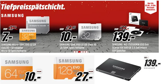 Tiefpreisspätschicht bei Media Markt: Samsung Speicher-Sale: z.B. EVO 64 GB Micro-SDXC mit Adapter für 10€
