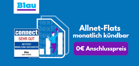 0€ Anschlussgebühr & monatlich kündbar 📲 Blau Flex Allnet-Flats - z.B. 50GB nur 9,99€ mtl.