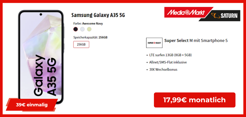 Mit 30€ Wechselbonus! 🤩 Samsung Galaxy A35 5G für einmalig 39€ im 13GB o2 Tarif für 19,99€ mtl.