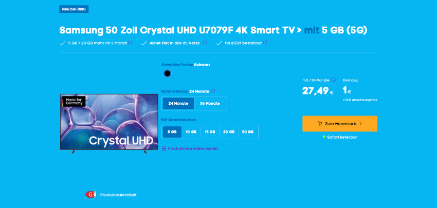 Top! 🤩 Samsung 50 Zoll 4K Smart TV für einmalig 1€ im Blau Allnet XS – 5 GB o2-Flat für 27,49€ mtl. 