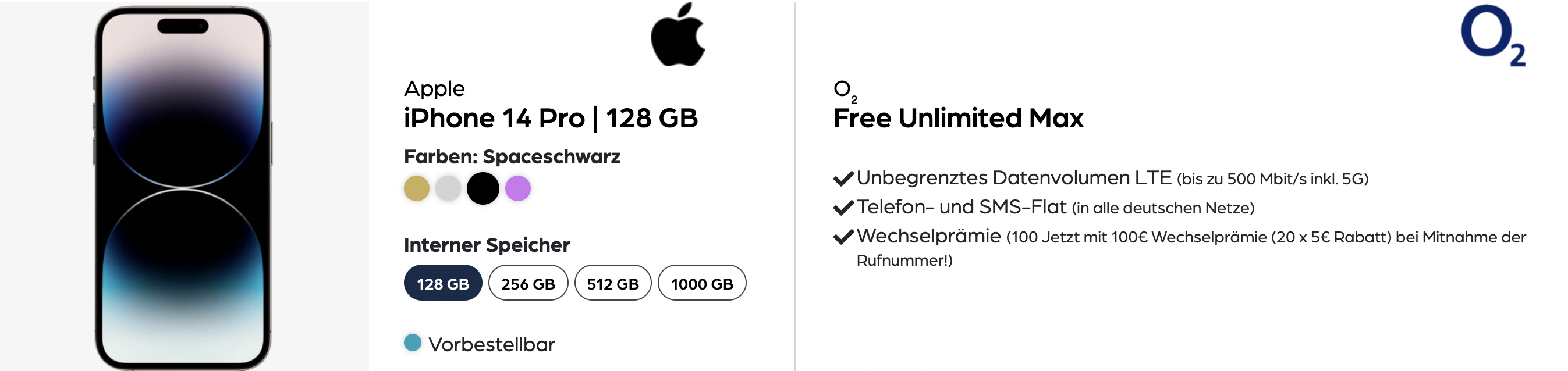 Apple iPhone 14 Pro im o2 Free Unlimited Max Tarif für 74€/Monat - unlimited GB 5G/LTE, Allnet- &amp; SMS-Flat