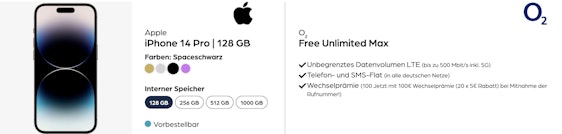 Apple iPhone 14 Pro im o2 Free Unlimited Max Tarif für 74€/Monat - unlimited GB 5G/LTE, Allnet- & SMS-Flat