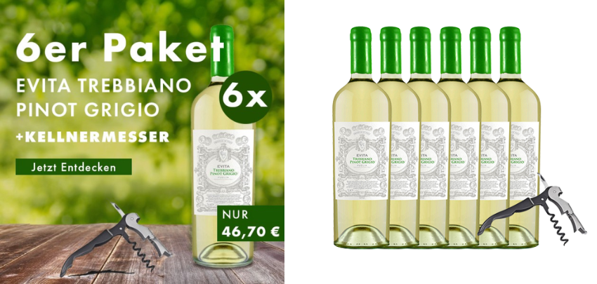 Trebbiano Pinot Grigio für 23€ - 6er-Paket, fruchtig-floral, inkl. Kellnermesser