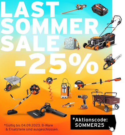 Summersale bei Fuxtec: 25% Rabatt auf alles außer B-Ware - z.B.: Fuxtec FX-E1RT20 Rasentrimmer-Set für 70€