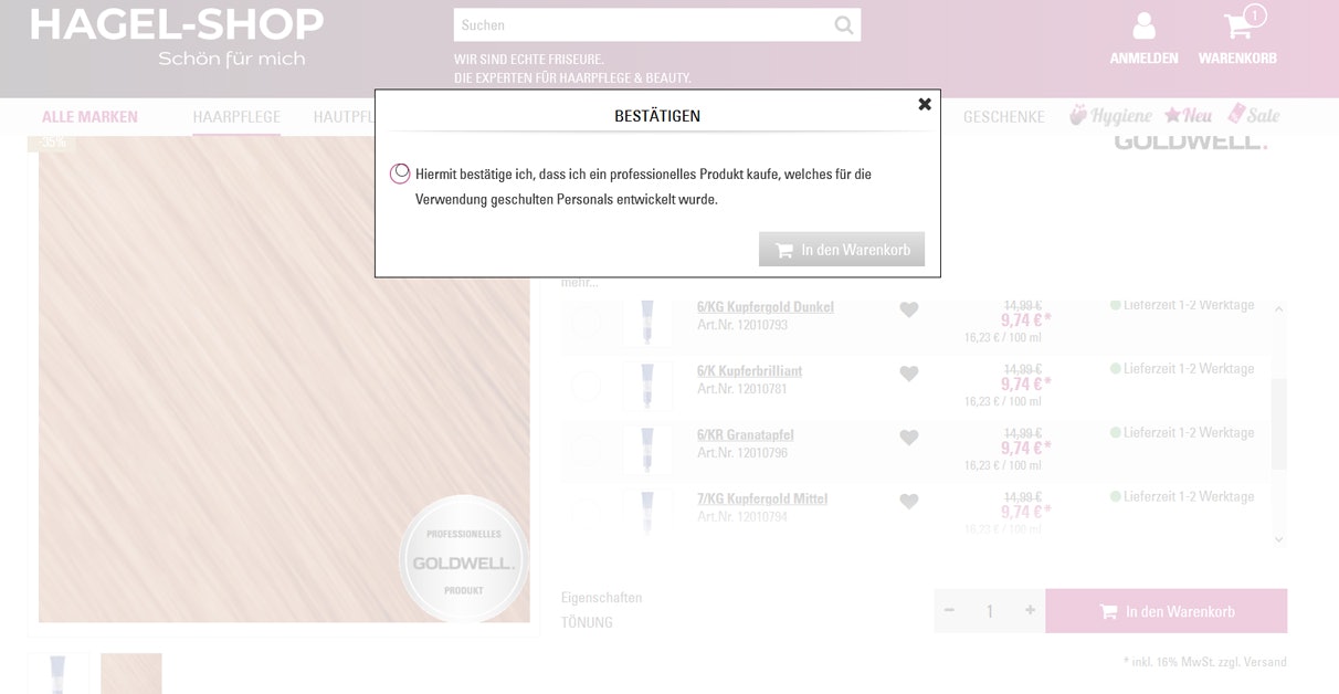 Hagel-Shop Warenkorb Hinweis