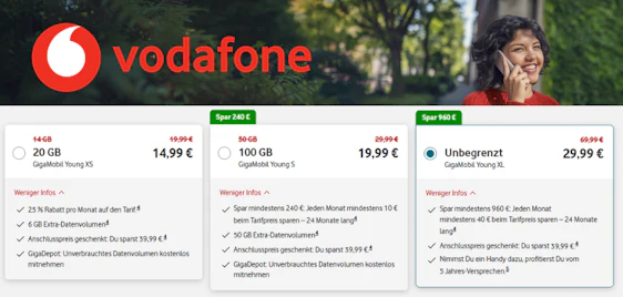 Vodafone GigaMobil Young Tarife ab 15€ mtl. 🔥 Jetzt Rabatt sichern