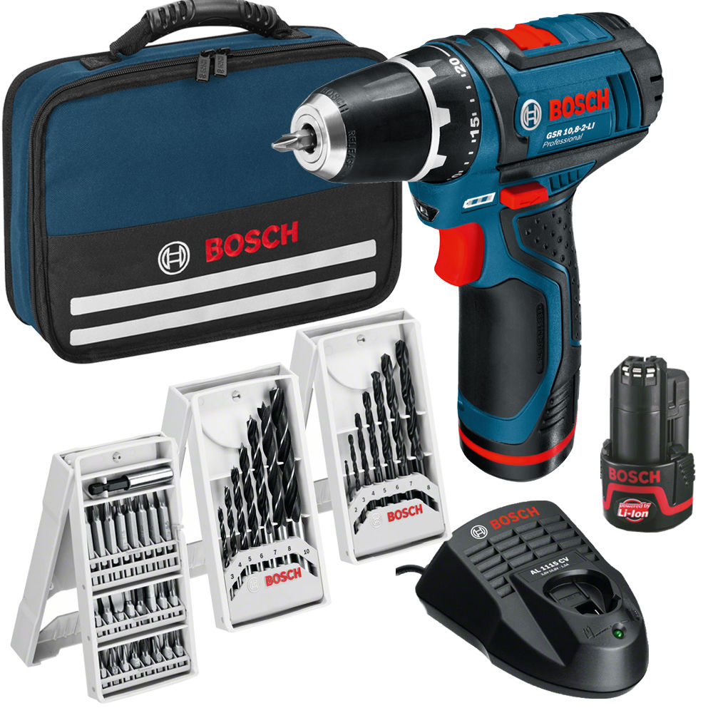 BOSCH Akkuschrauber GSR 10,8 2-Li 2x 2,0 Ah + TASCHE + 39tlg Zubehör für 90€