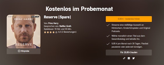 Gratis Hörbuch 'Reserve' von Prinz Harry 👀 Jetzt im audible Probemonat sichern