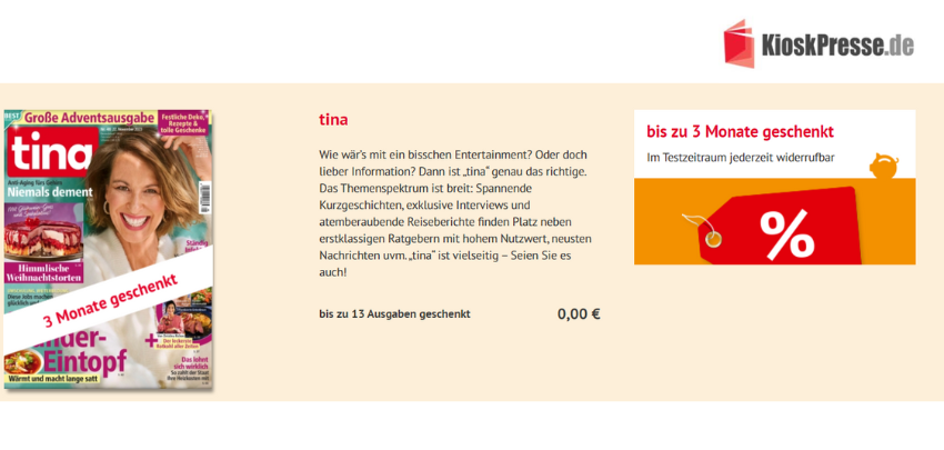 Bild Der Frau 13 Ausgaben Mit Geschenk Kostenlos! 13 Ausgaben der 'Tina' | 3 Monate gratis!