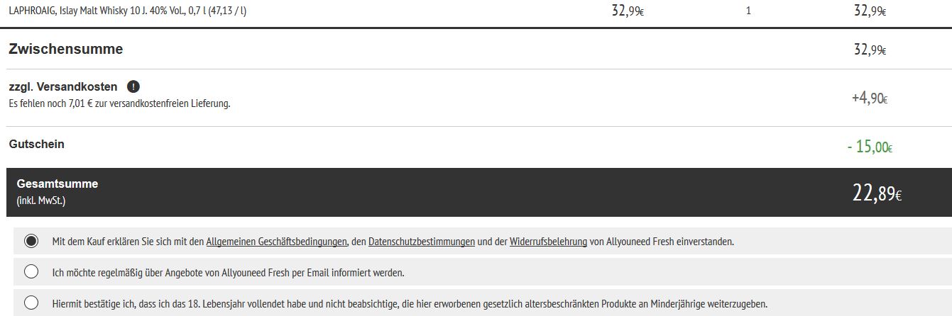 15€ Rabatt auf alles bei Allyouneed Fresh ab 30€ MBW - z. B. günstiger Alkohol *UPDATE3*
