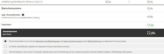15€ Rabatt auf alles bei Allyouneed Fresh ab 30€ MBW - z. B. günstiger Alkohol *UPDATE3*