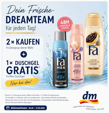 Kaufe 2x Fa Deospray deiner Wahl und erhalte 1x Fa Men Duschgel gratis.