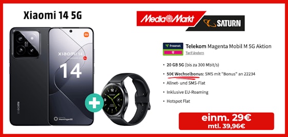 Eff. gratis & mit 26€ Ersparnis! 🤑 Xiaomi 14 inkl. gratis Watch | + 20 GB 5G/LTE Telekom Allnet für 39,96€ mtl.