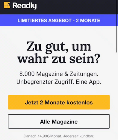 Readly: 2 Monate kostenlos (über Westfield)