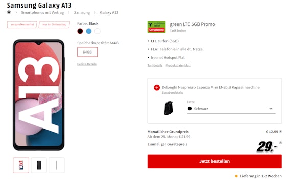 Samsung Galaxy A13 + DeLonghi Nespresso Kapselmaschine im Vodafone green LTE für 16€/Monat - 5GB LTE, Allnet-Flat, freenet Hotspot Flat