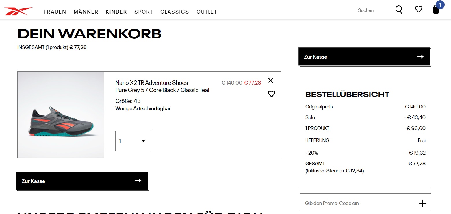 Reebok 20% extra Rabatt