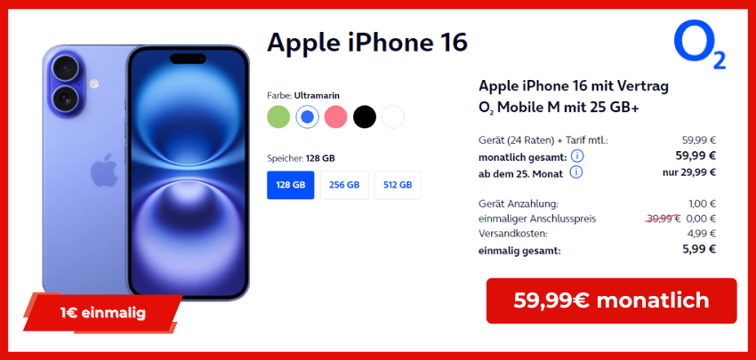 Apple iPhone 16 für einmalig 1€ im 25GB O2-Tarif für 59,99€ (ab 25sten Monat nur 29,99€)