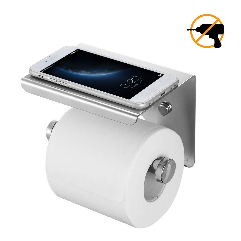 (Ohne Bohren) Toilettenpapierhalter +Ablage (Edelstahl)