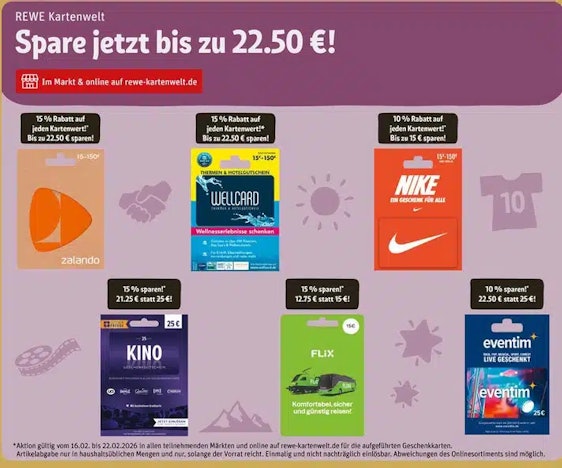 Rewe-Kartenwelt: Spart bis zu 15% auf ausgewählte Geschenkkarten